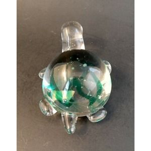 Vintage Art Glass Turtle Paperweight Enesco Clear Green Stripe